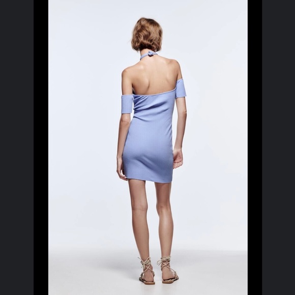 NWT Zara Sky Blue Knotted Rib Mini Dress Sz Large - Picture 9 of 9